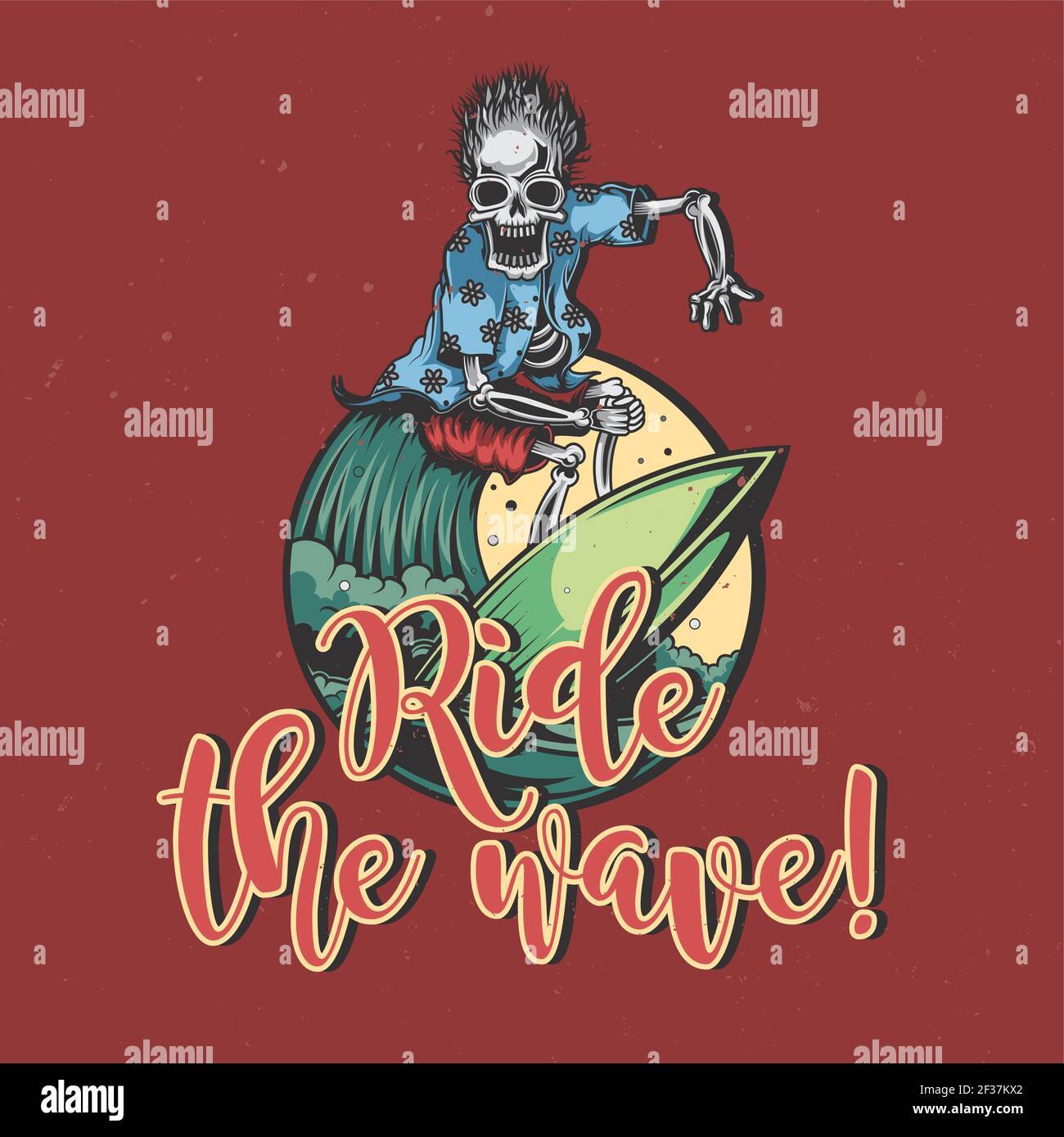 T-shirt or poster design with illustration of skeleton on surfing board ...