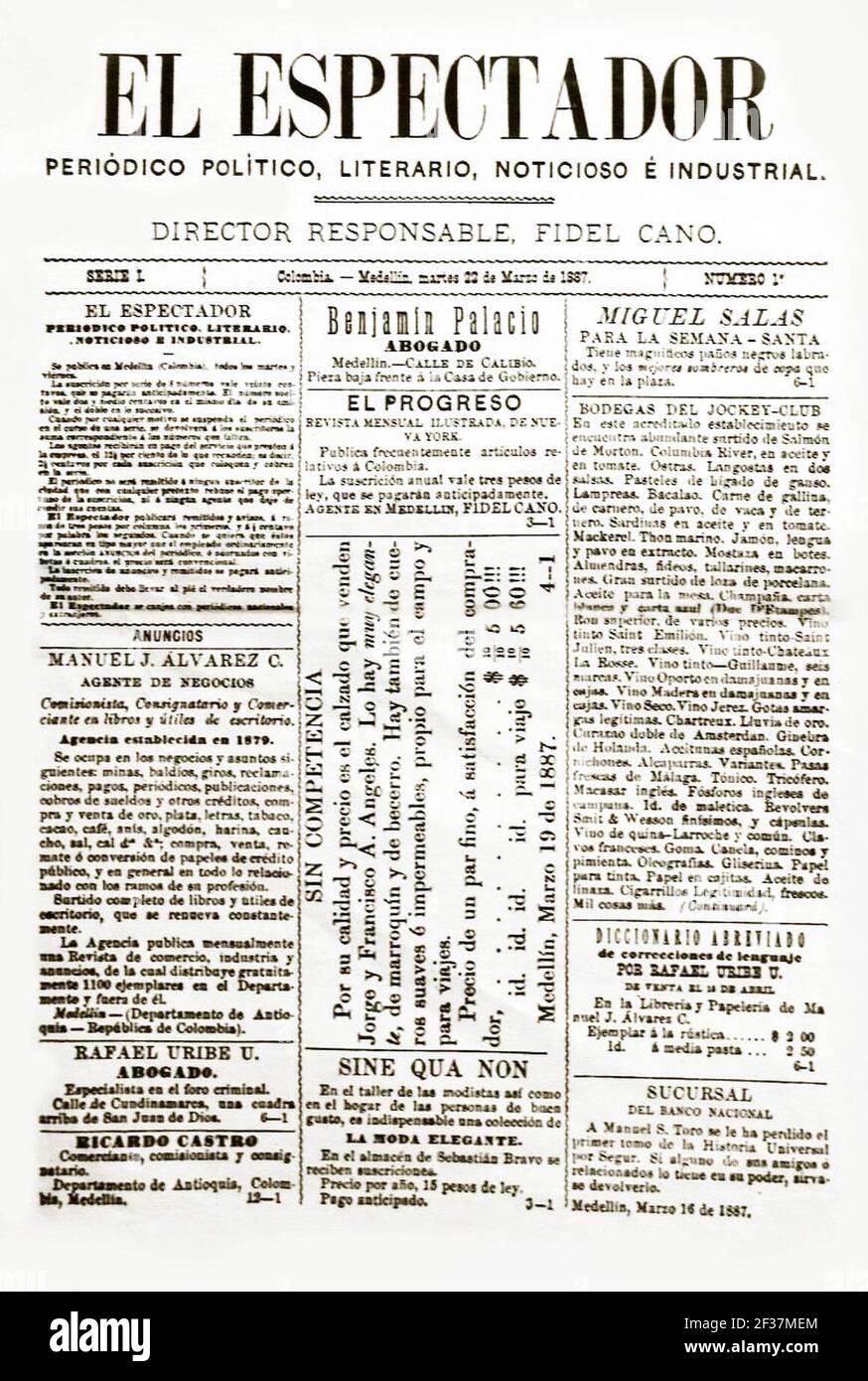 Primera edición de El Espectador (22 mar. 1887). Stock Photo