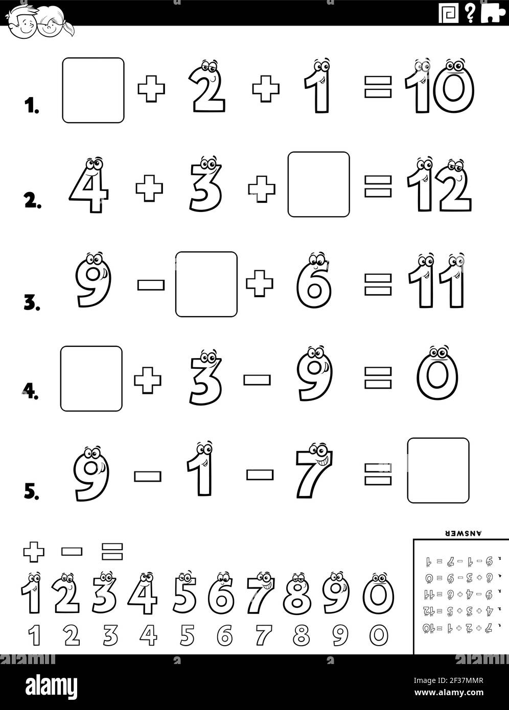 Black and white cartoon illustration of educational mathematical ...