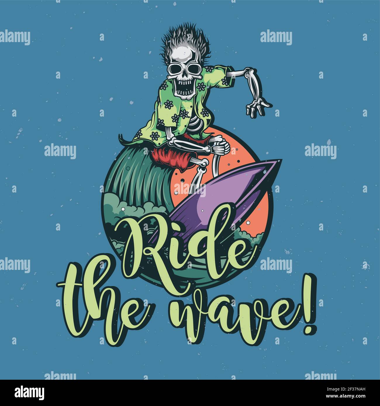 T-shirt or poster design with illustration of skeleton on surfing board Stock Vector