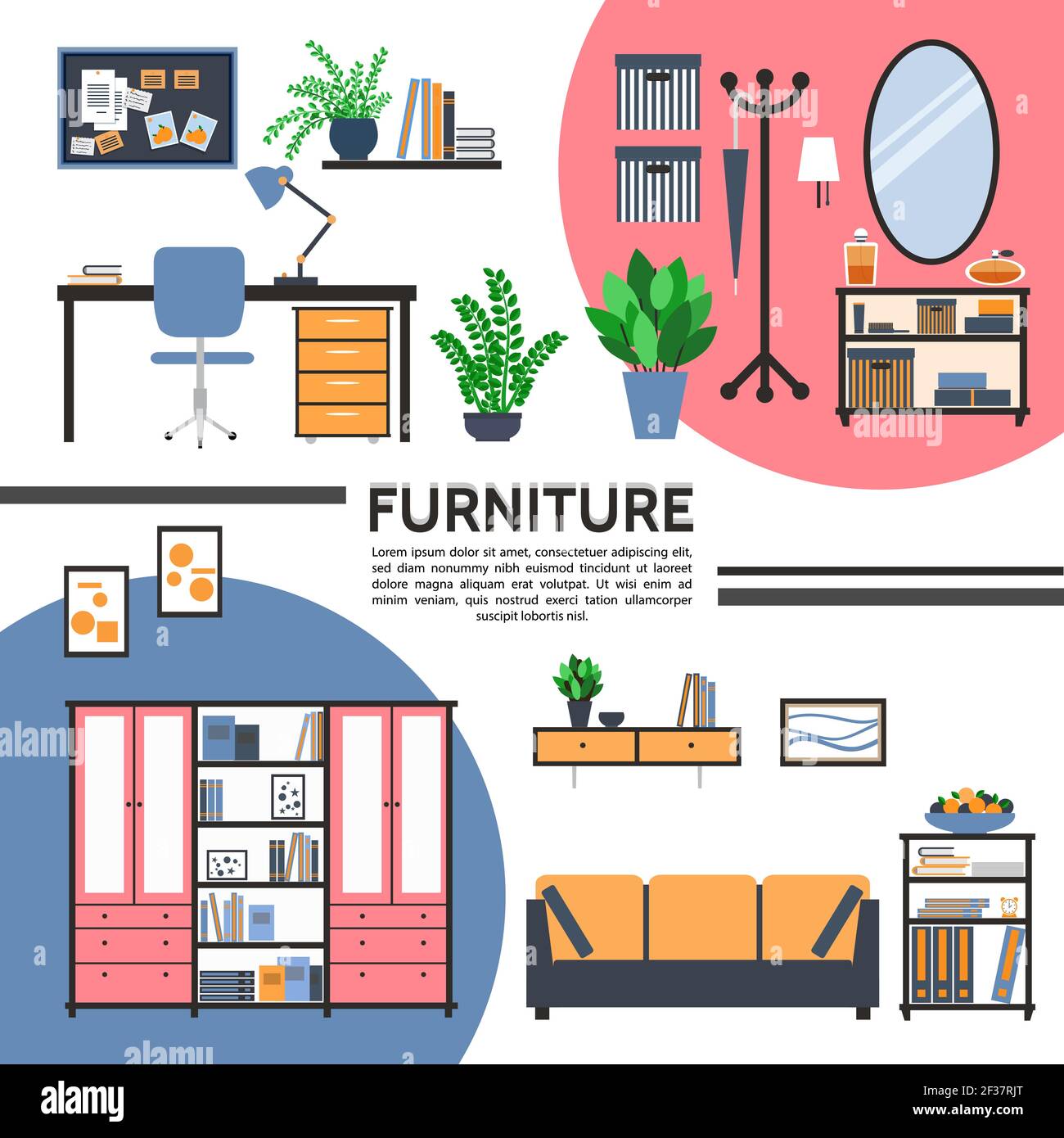 Flat home interior template with furniture table chair sofa cupboard