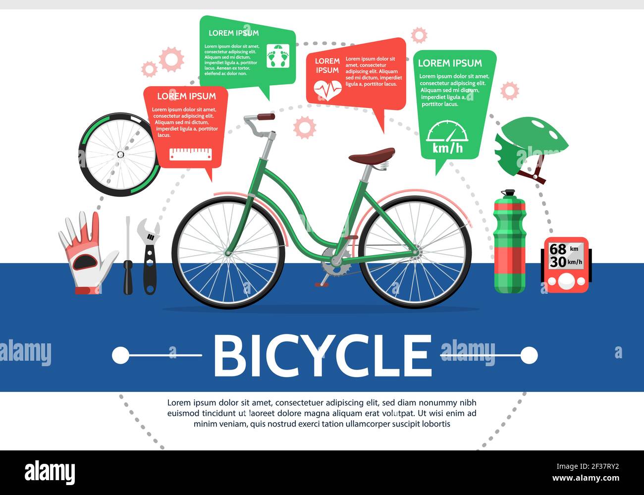 Flat bicycle elements composition with bike wheel bottle helmet