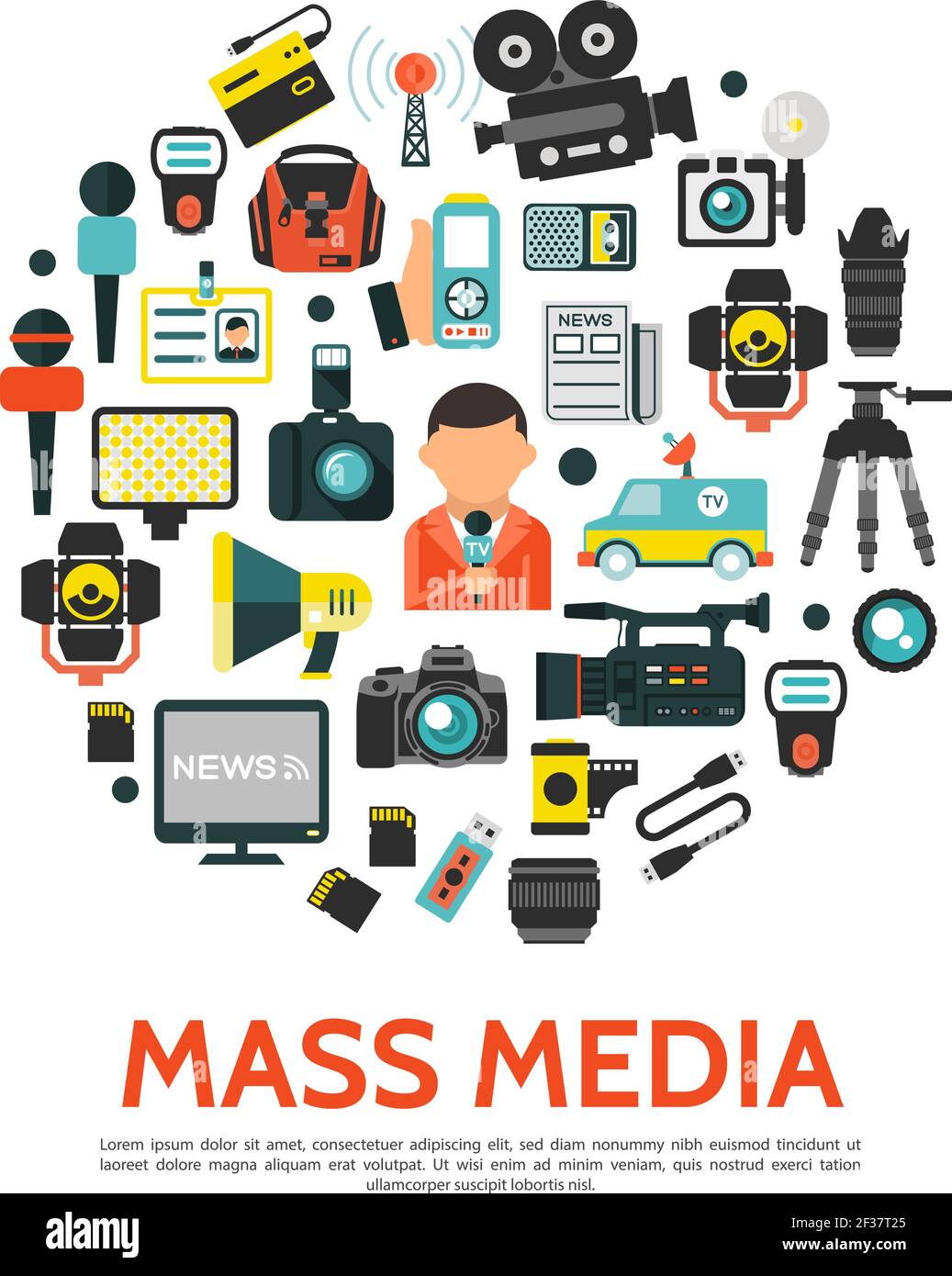 Flat mass media round concept with reporter radio tower news car photo video cameras microphones tripod megaphone id card newspaper dictaphone uniform Stock Vector