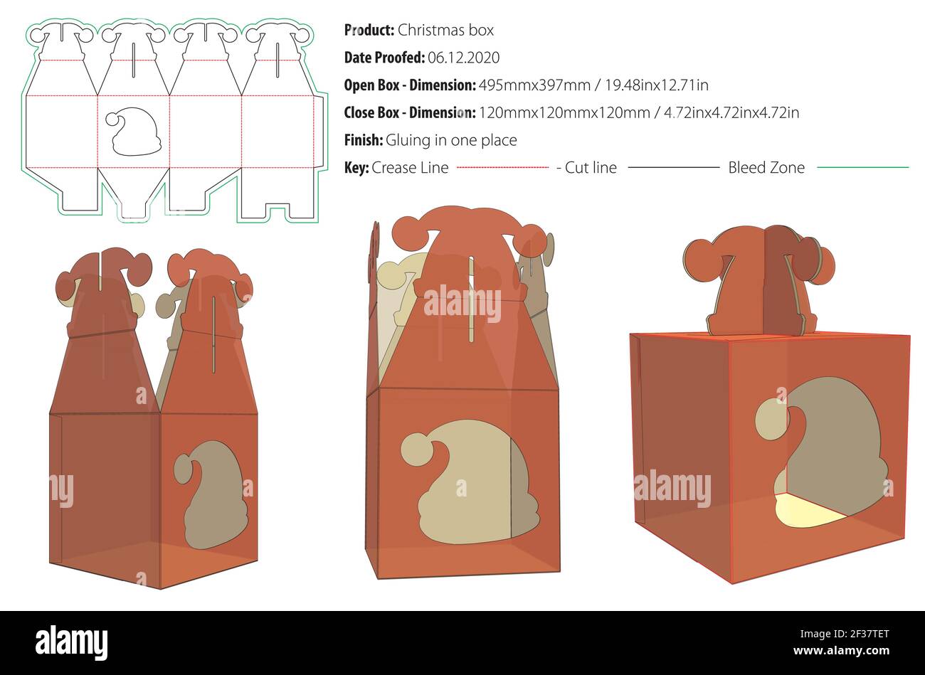 Christmas box with handle santa claus hat on top packaging design template gluing die cut - vector Stock Vector