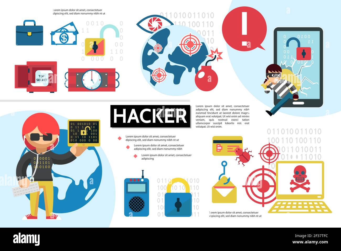 Flat hacking infographic concept with hackers safe dynamite bomb bug