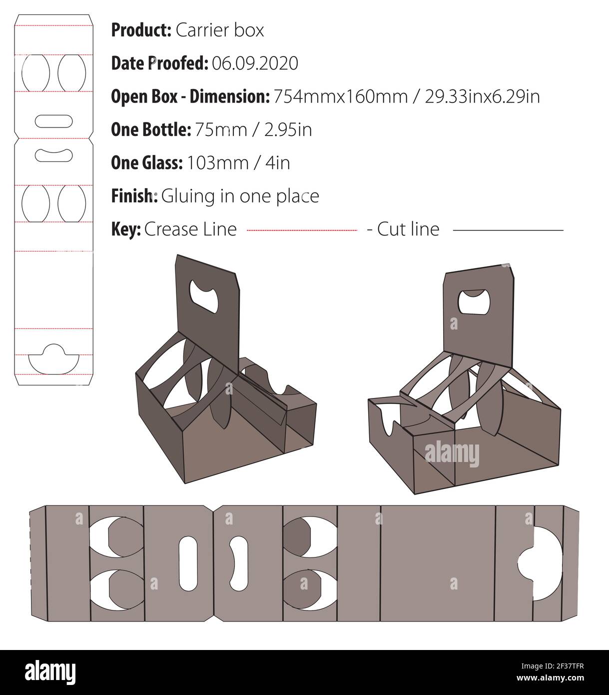 Carrier box with space for bottle and glass packaging design template