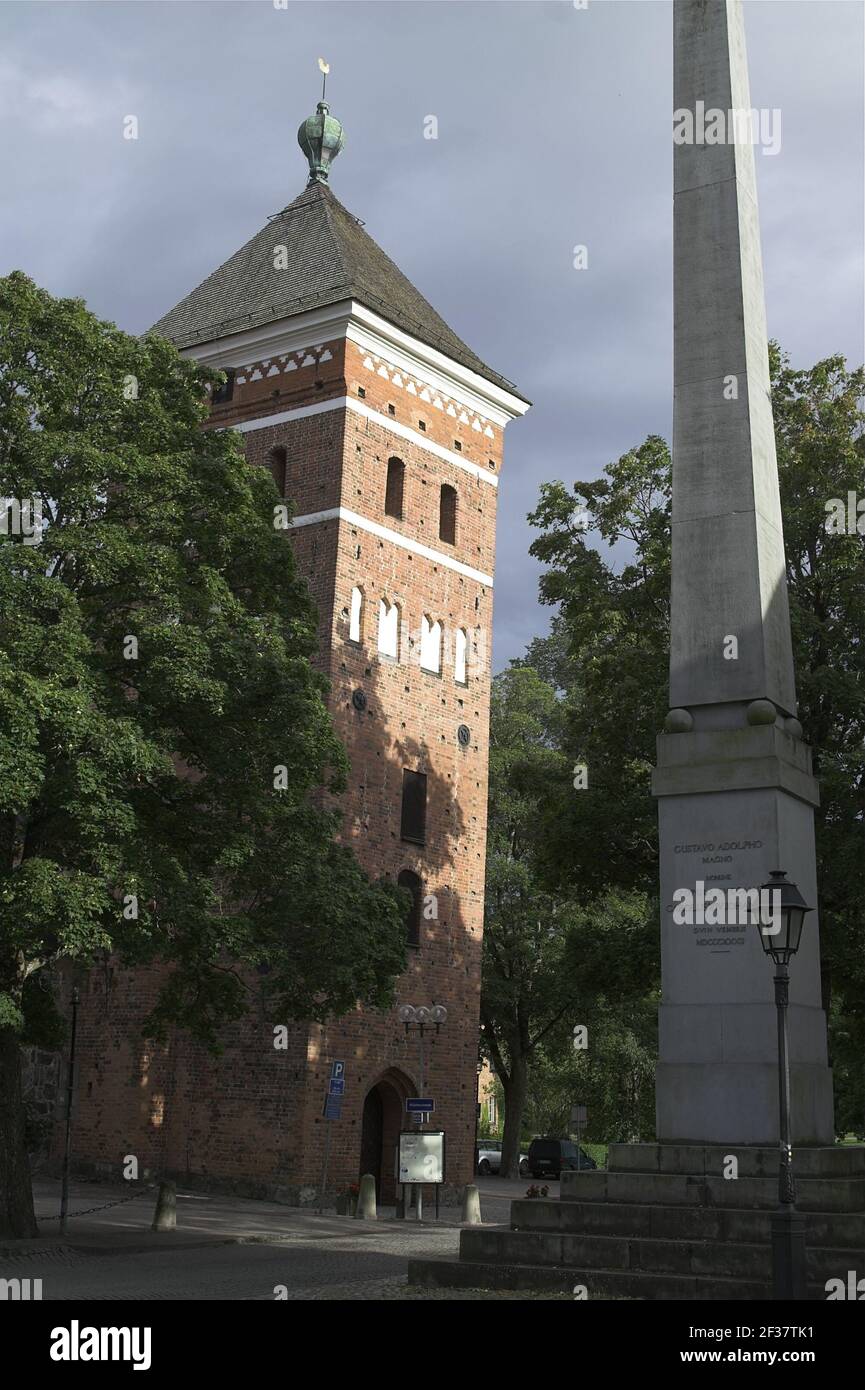 Uppsala, Sweden, Schweden; Holy Trinity Church tower. Turm der Dreifaltigkeitskirche. Torre de la Iglesia de la Santísima Trinidad. Wieża kościoła Stock Photo