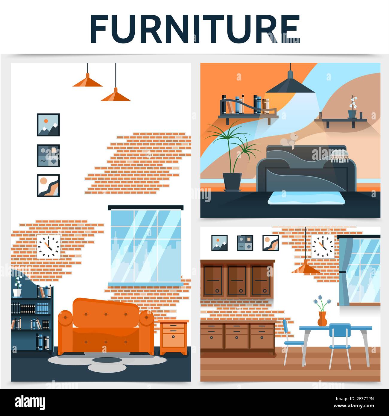 Flat home interior concept with sofa cupboard window lamp table chairs pictures clock flower shelves brick wall design vector illustration Stock Vector