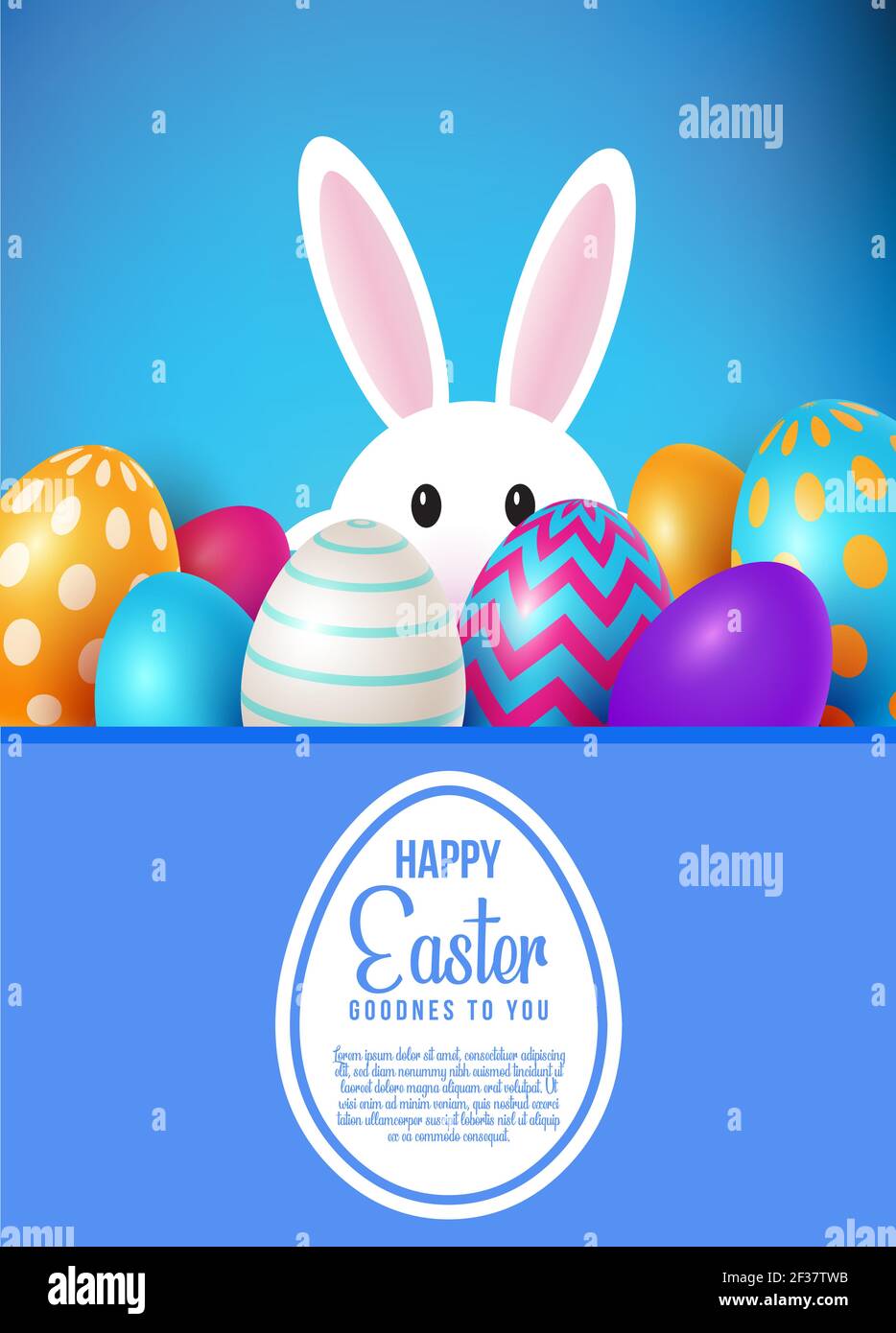 Happy Easter poster with realistic eggs and cute bunny with colorful background - vector Stock Vector