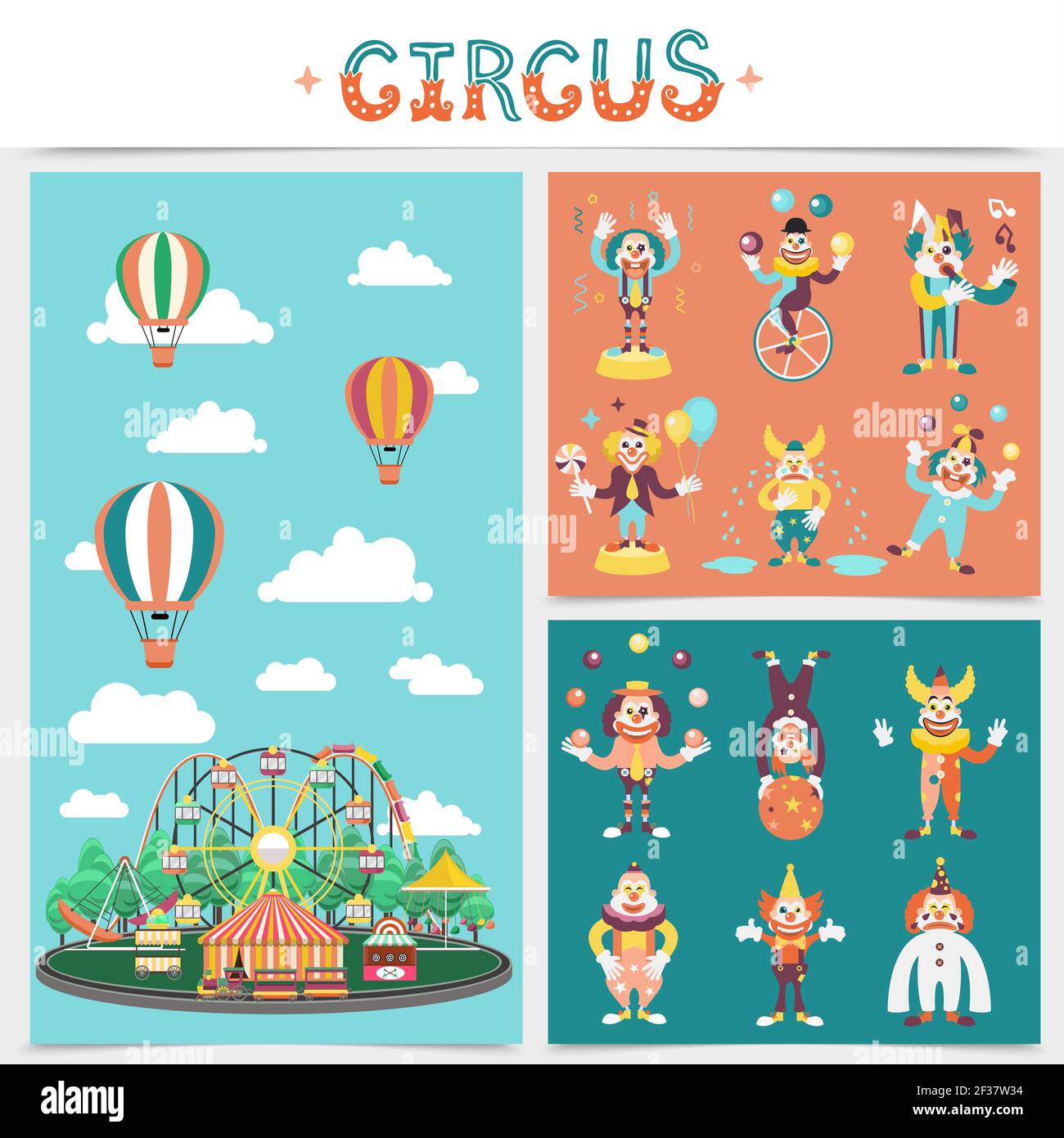 Flat carnival elements concept with amusement park carousels ...