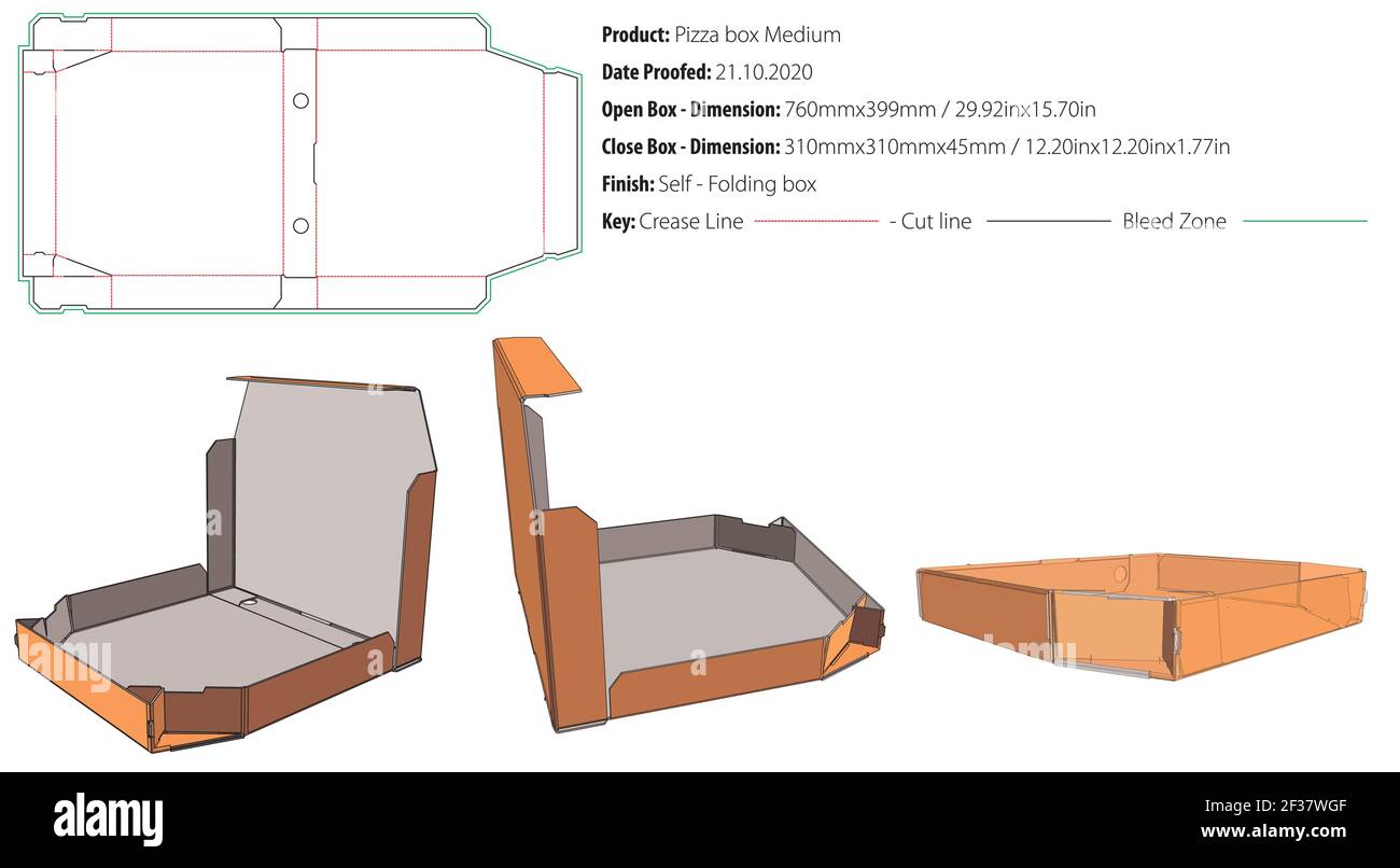 Pizza box medium packaging template self lock die cut - vector Stock Vector