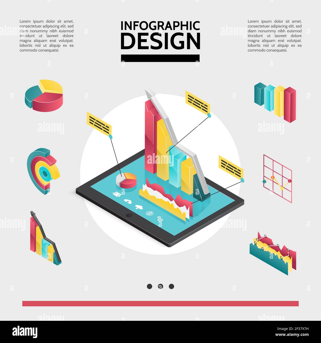 Isometric infographic elements concept with diagrams graphs and charts on tablet screen isolated vector illustration Stock Vector