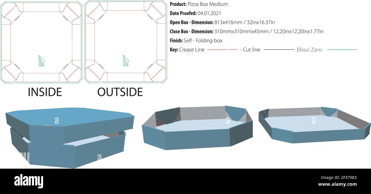 Octagon pizza box medium packaging template self lock die cut-vector Stock Vector