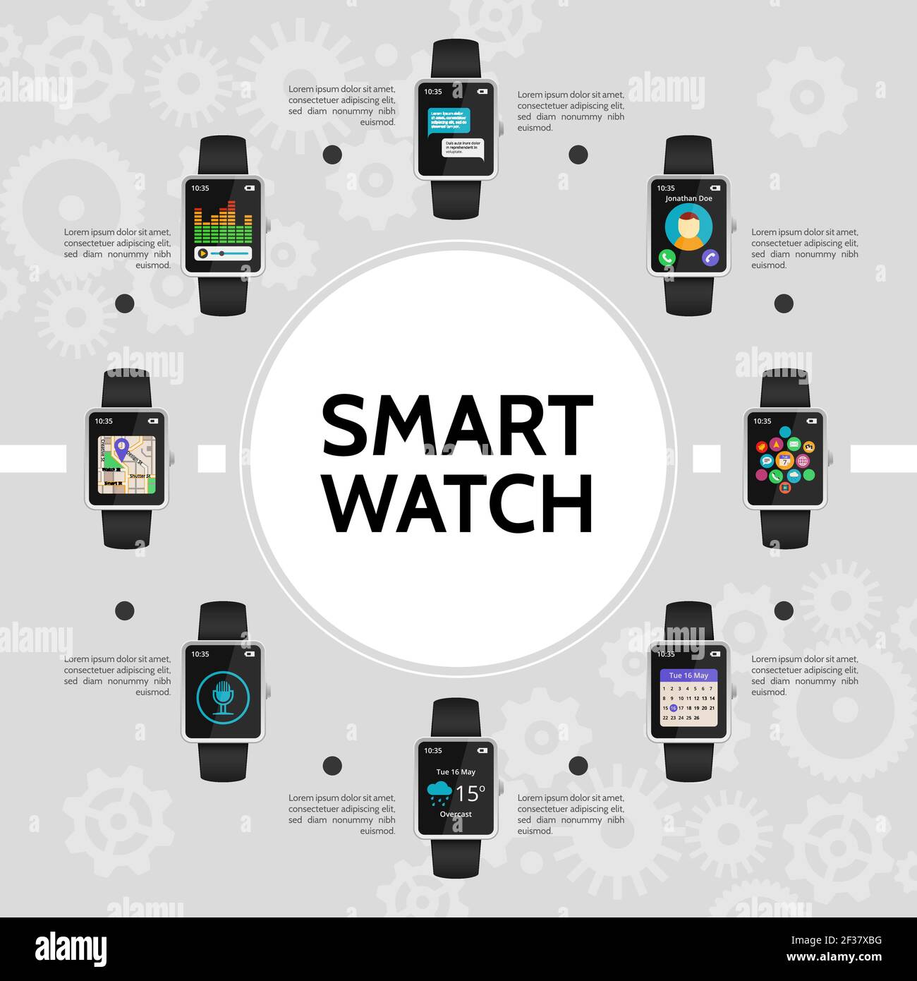 Flat smart watch round concept with weather navigation map microphone
