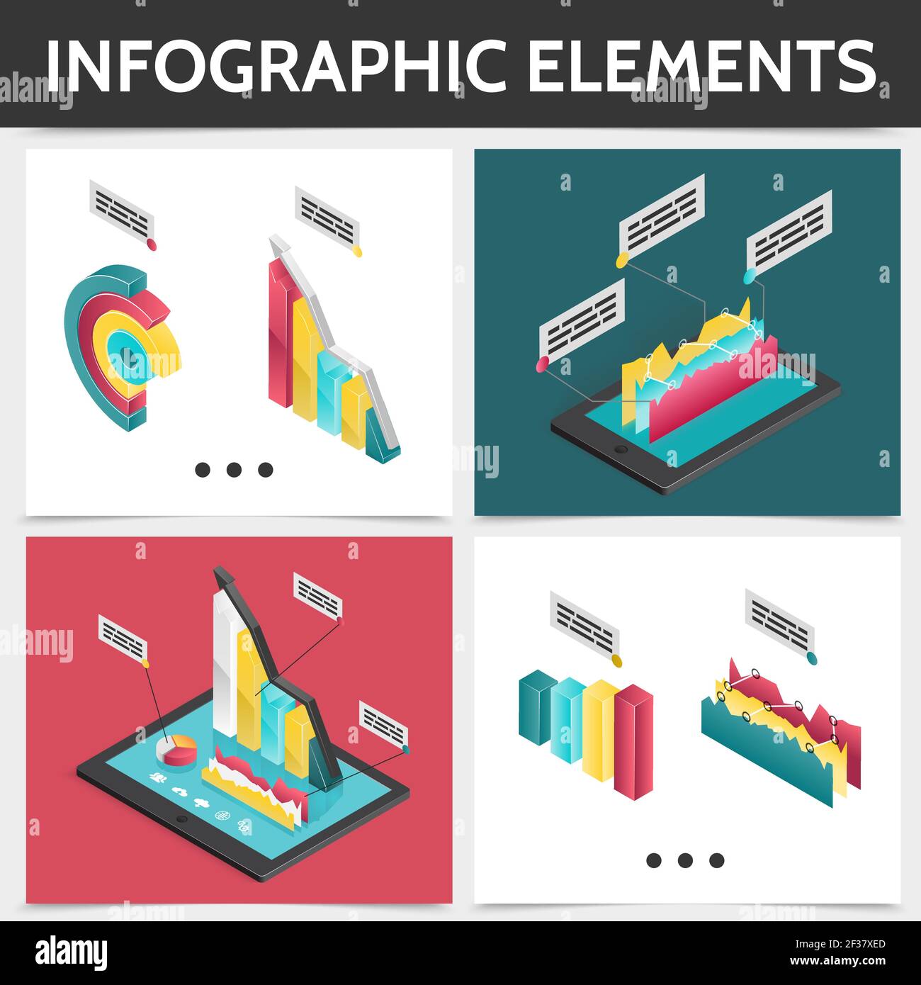 Isometric colorful square infographic concept with 3d business diagrams bars charts and graphs isolated vector illustration Stock Vector