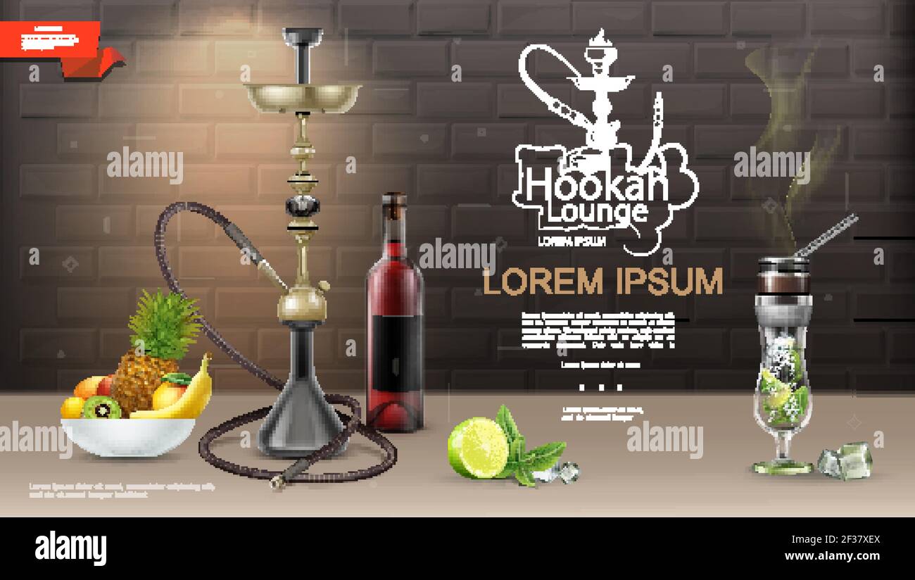 Realistic hookah lounge bar template with shisha wine bottle plate of