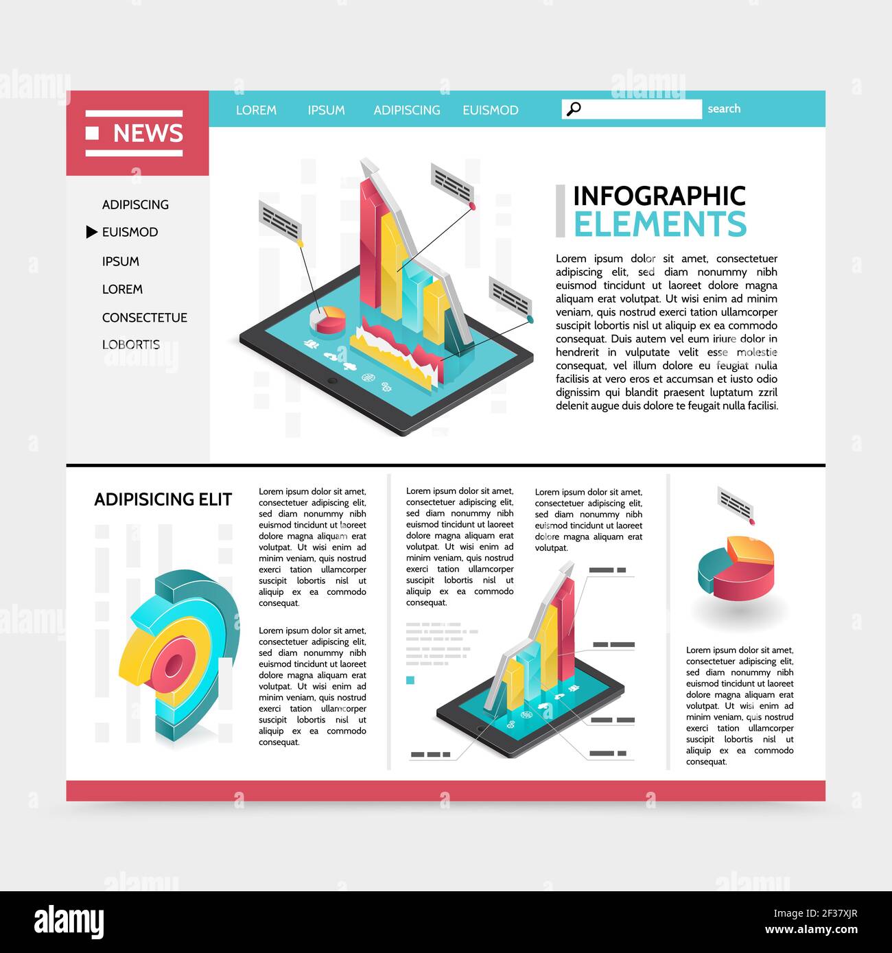 Isometric infographic elements website concept with navigation menu text colorful 3d diagrams graphs and charts vector illustration Stock Vector
