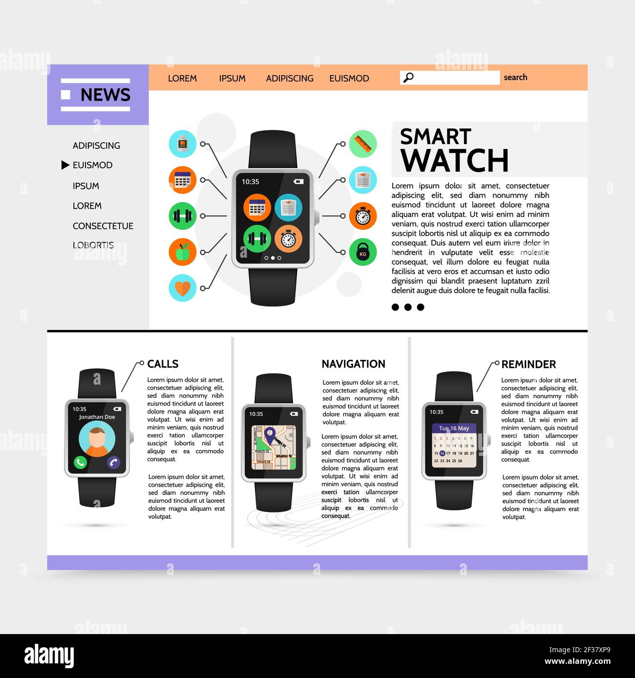 Flat modern technology website template with smart watch sport and