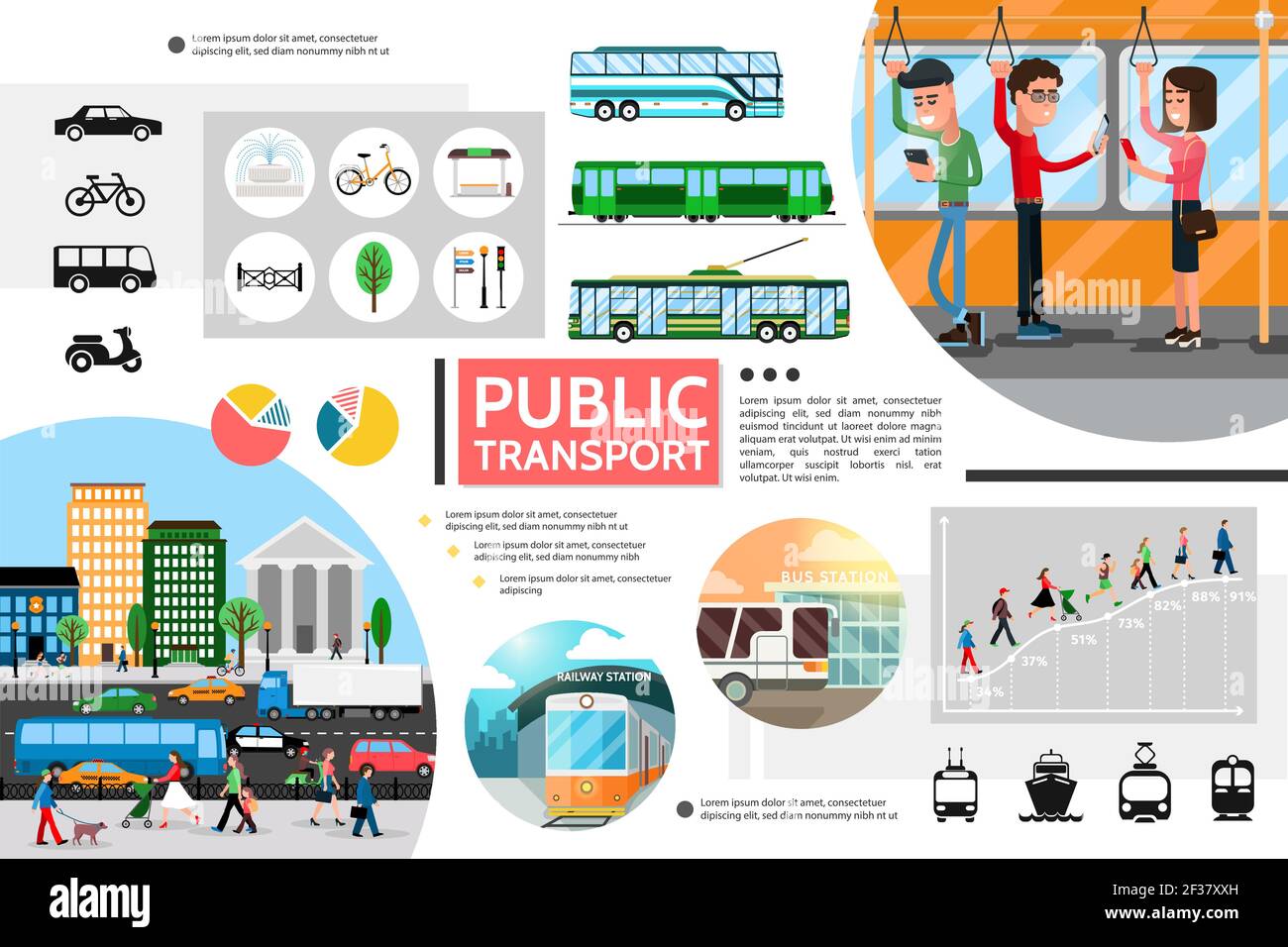 Flat public transport elements composition with bus trolleybus subway ...