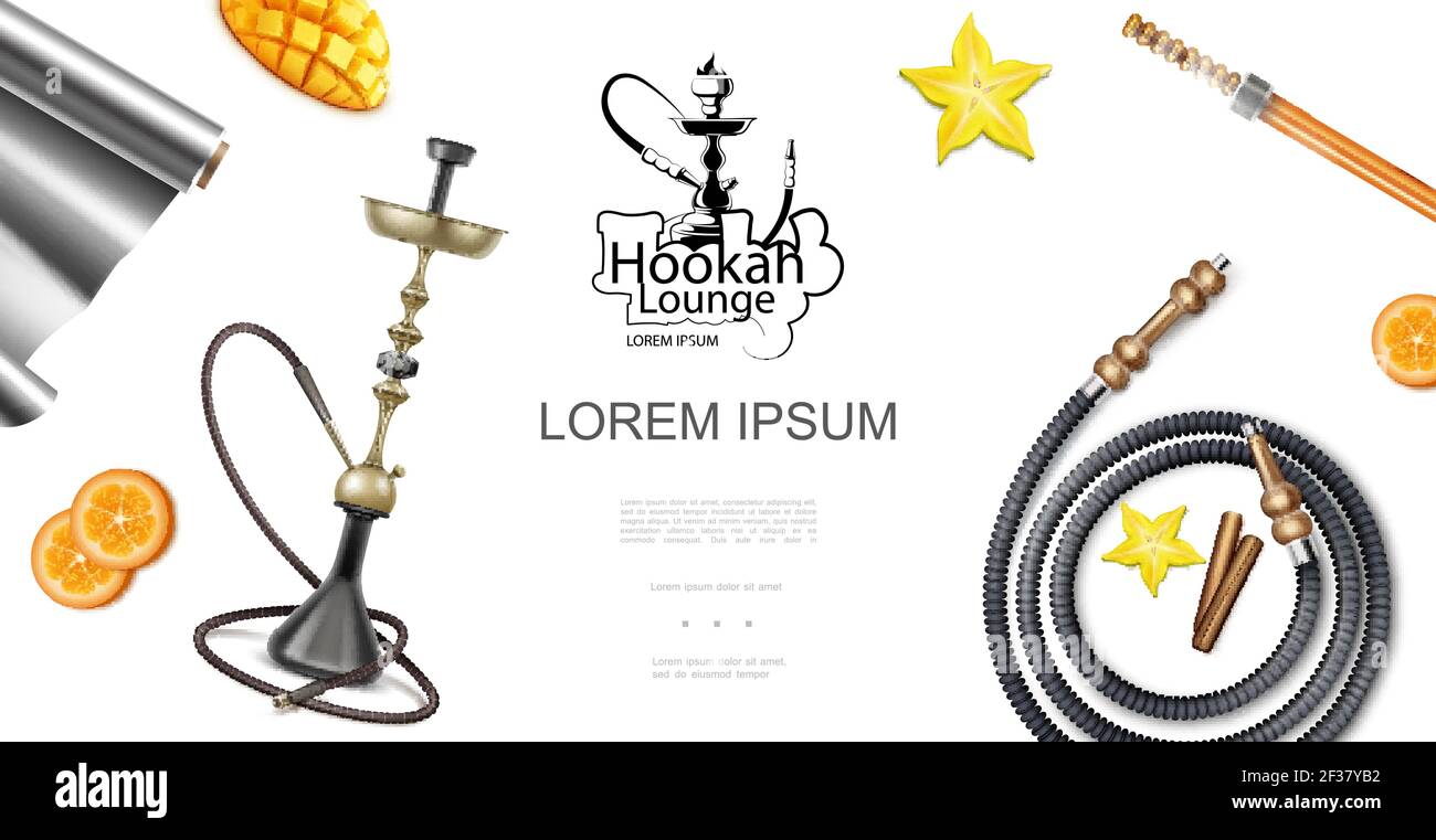 Realistic hookah lounge elements template with shisha or hookah pipes coals foil orange slices star anise cinnamon sticks vector illustration Stock Vector