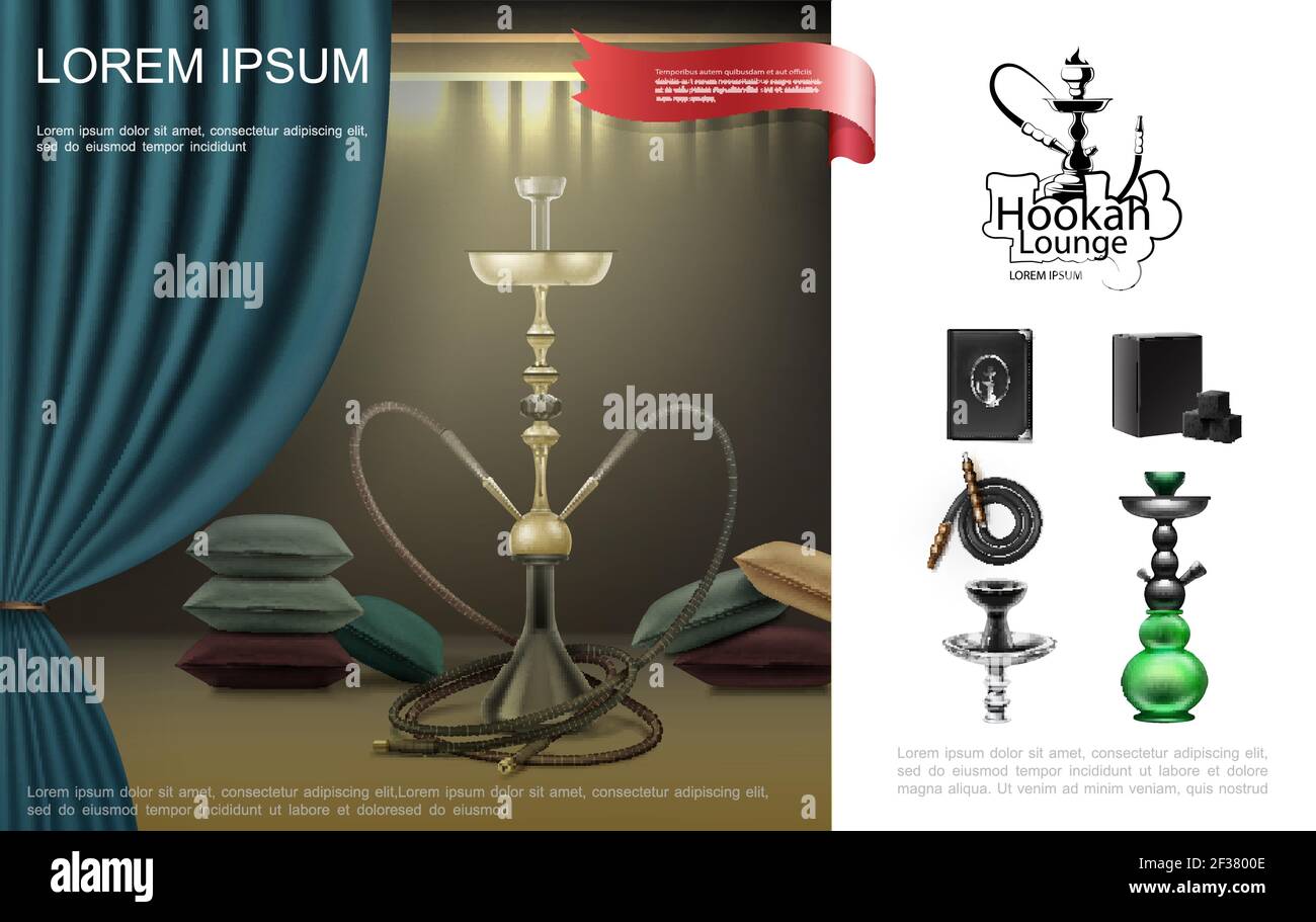 Realistic hookah lounge composition with pillows hookah bar menu holder