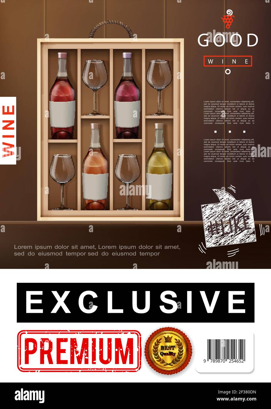 Realistic wine premium poster with exclusive set of white red rose