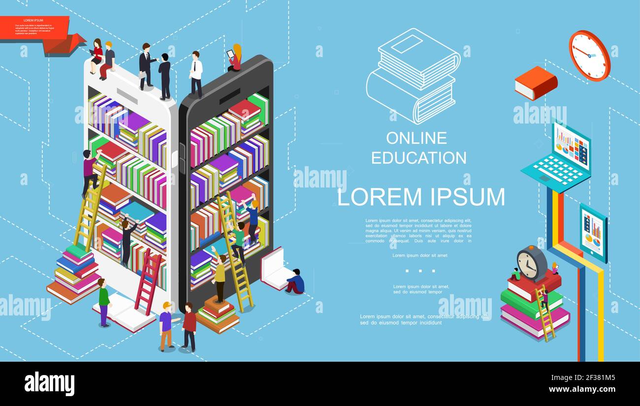 Isometric online education and learning concept with students ...