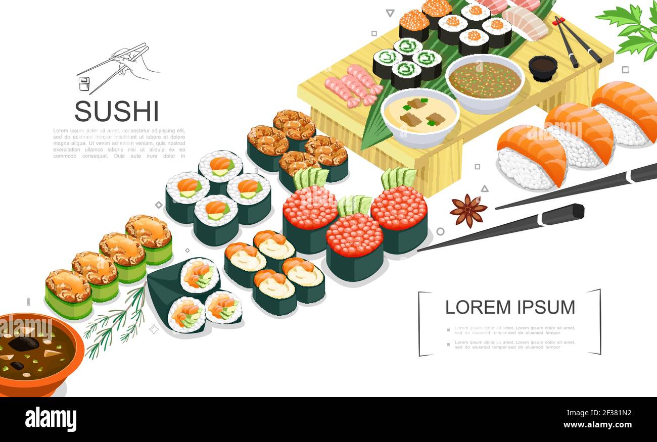 Isometric sushi food collection with sashimi rolls of different types