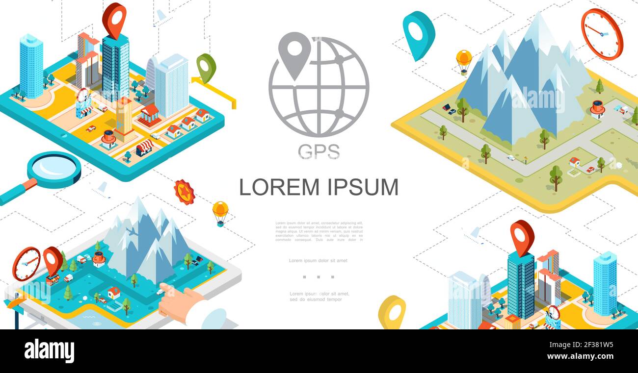 Isometric mobile gps navigation composition with city mountains map ...