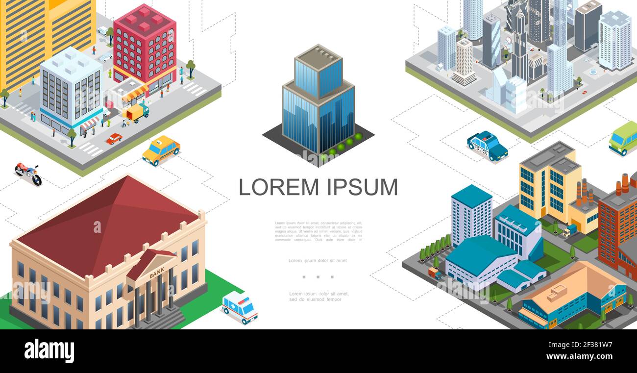 Isometric city landscape composition with modern buildings skyscrapers ...