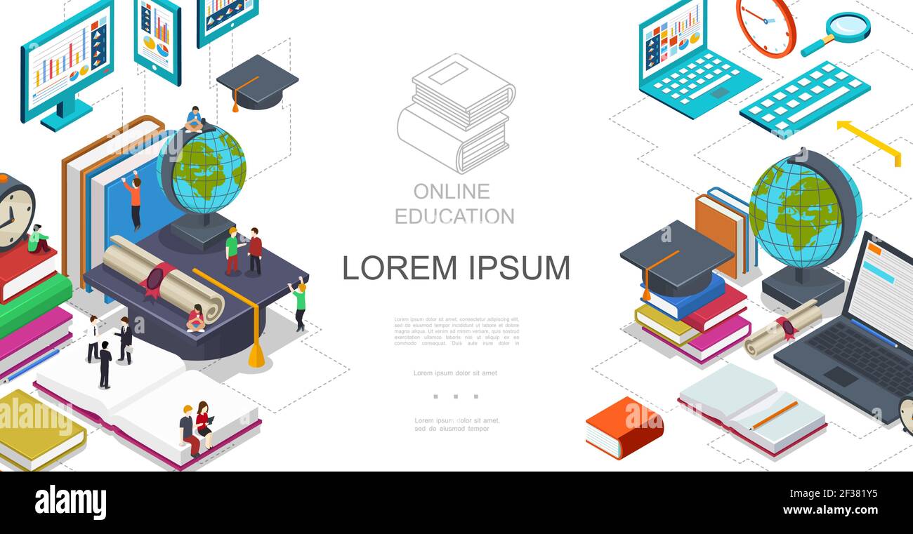 Isometric online education template with students sitting and standing ...