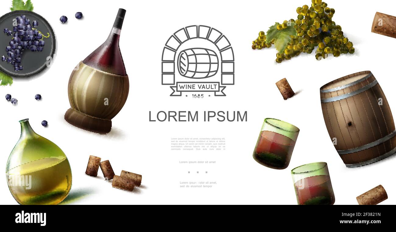 Realistic winemaking industry concept with original bottles of red and white wines glasses