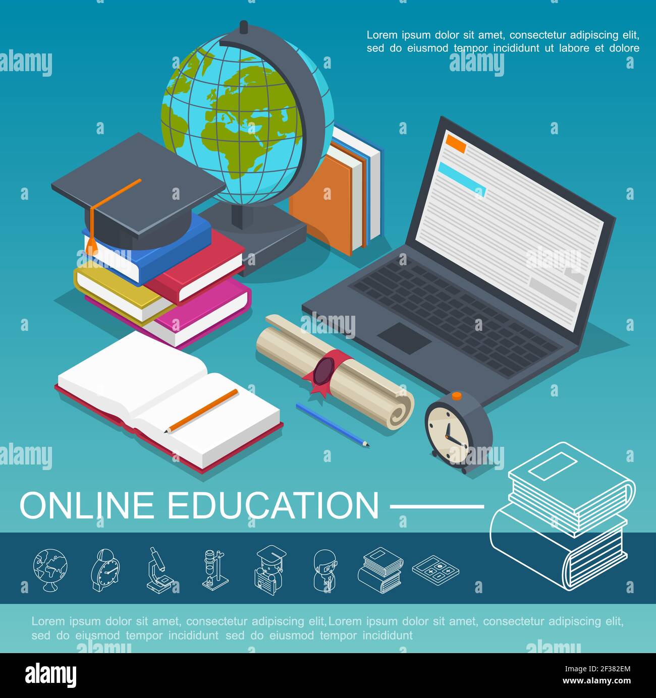 Isometric online education colorful composition with laptop books globe ...