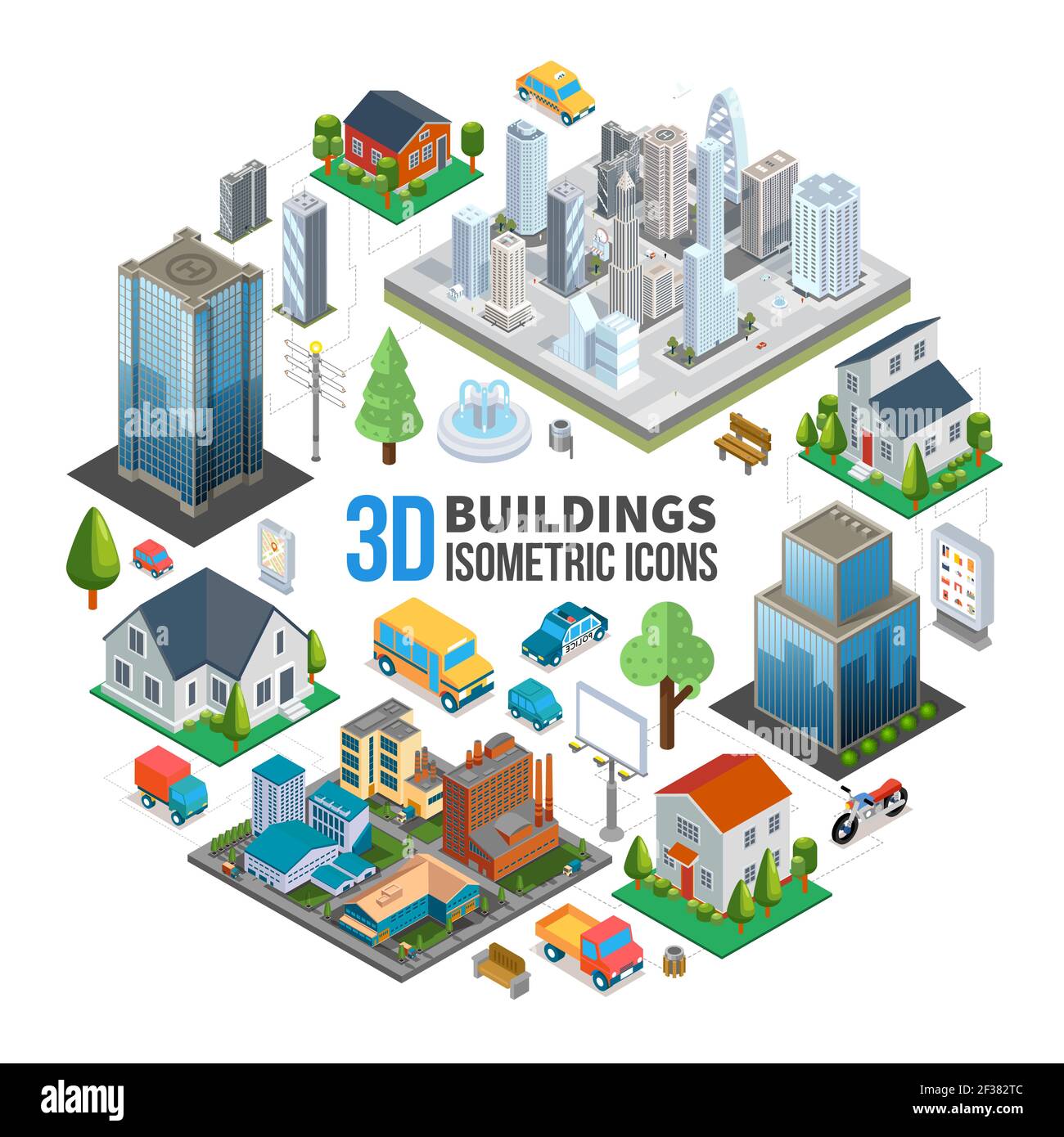 Isometric city landscape round concept with modern buildings ...