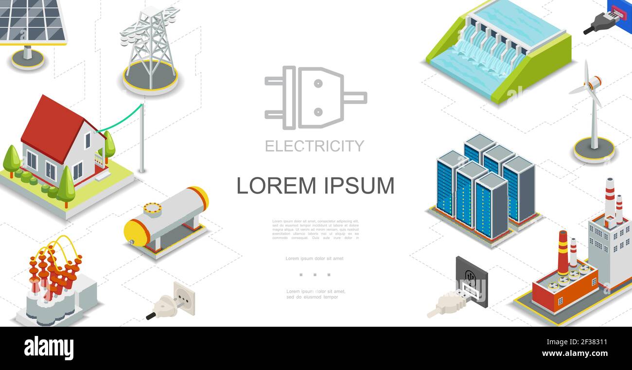 Isometric electricity and energy concept with hydroelectric and fuel