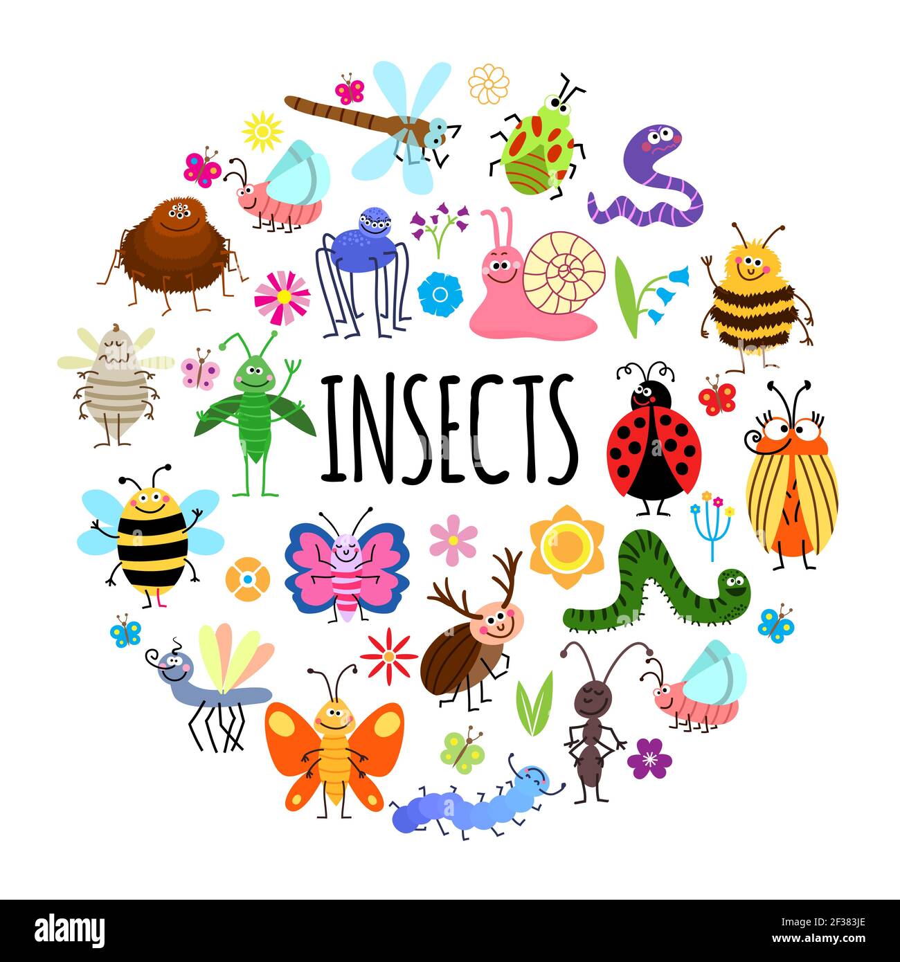 Flat funny insects round concept with spider worm grasshopper mosquito ...