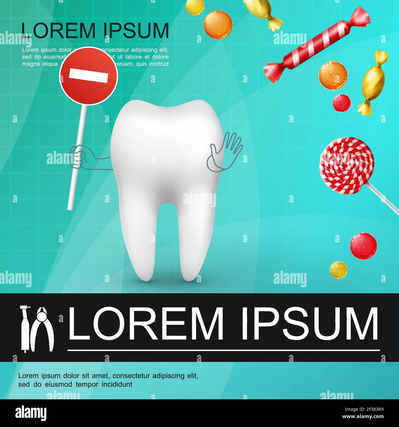 Realistic stop sweets poster of tooth with warning sign against gums