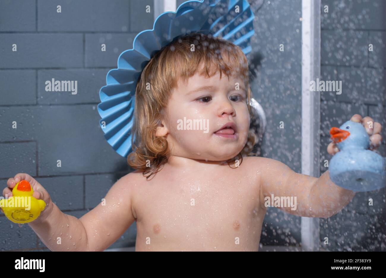 Bathing Baby. Happy Kid With Soap Foam On Head. Child 