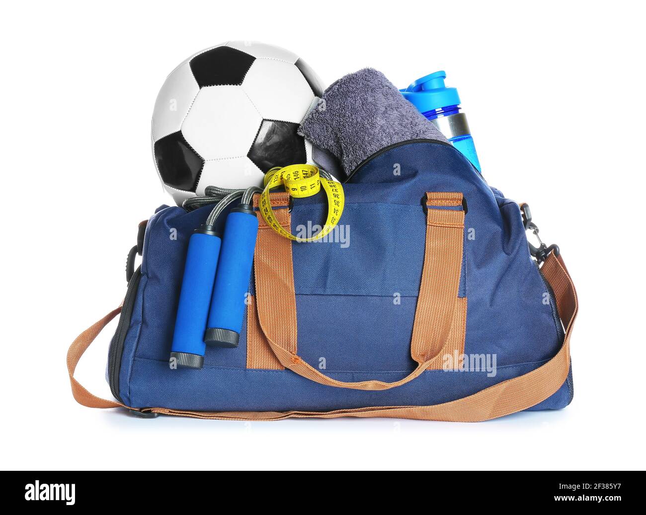 Bag with sports equipment on white background Stock Photo - Alamy