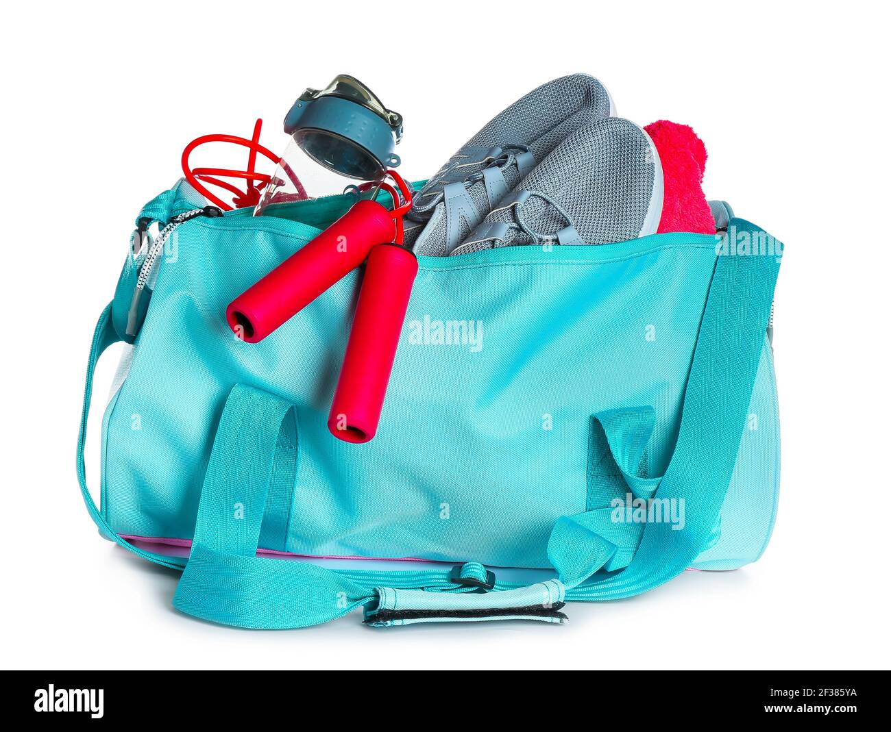 Bag with sports equipment on white background Stock Photo - Alamy