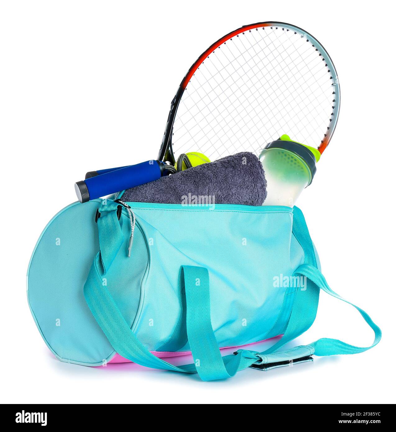Bag with sports equipment and bottle of water on white background Stock ...