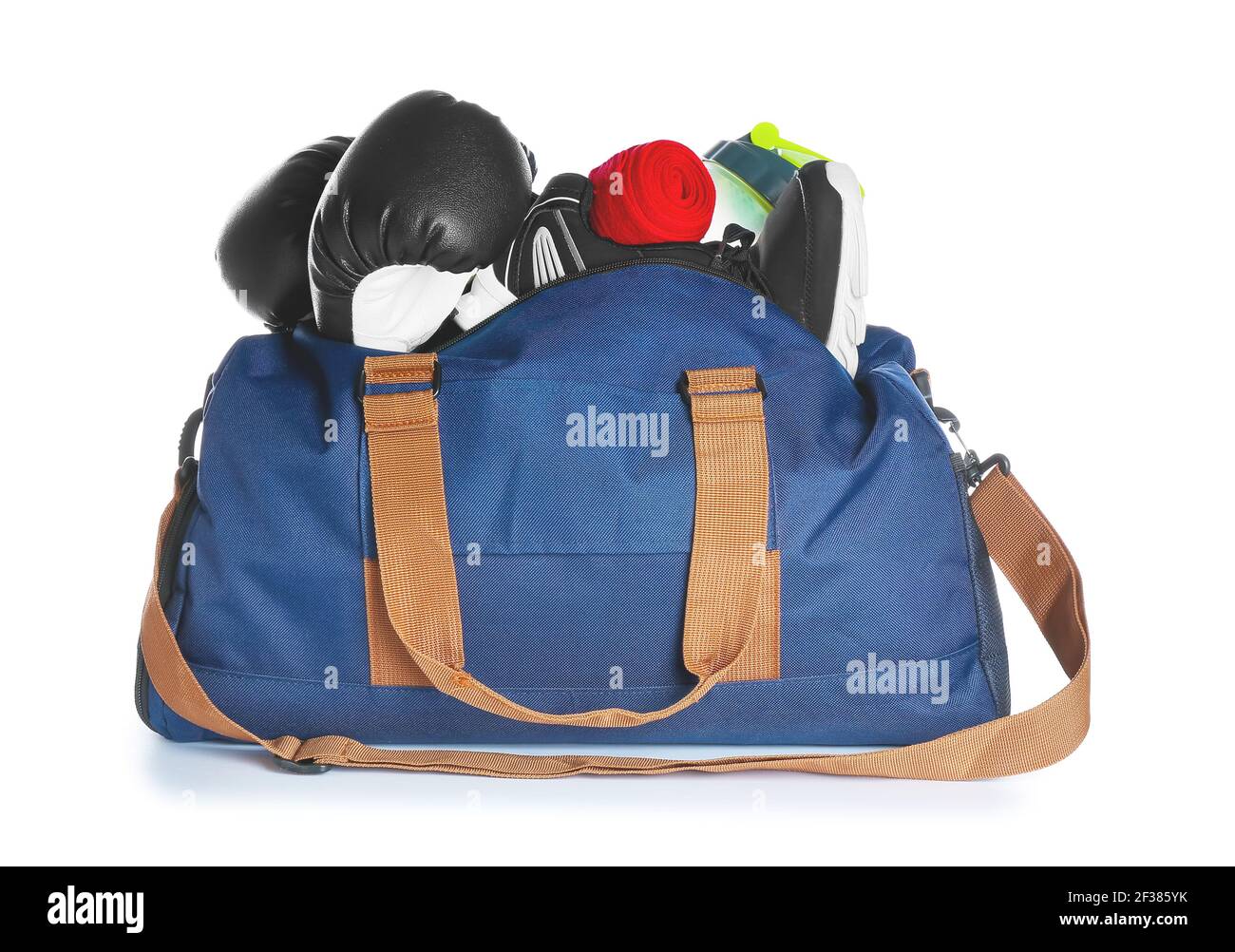 Bag with sports equipment on white background Stock Photo - Alamy