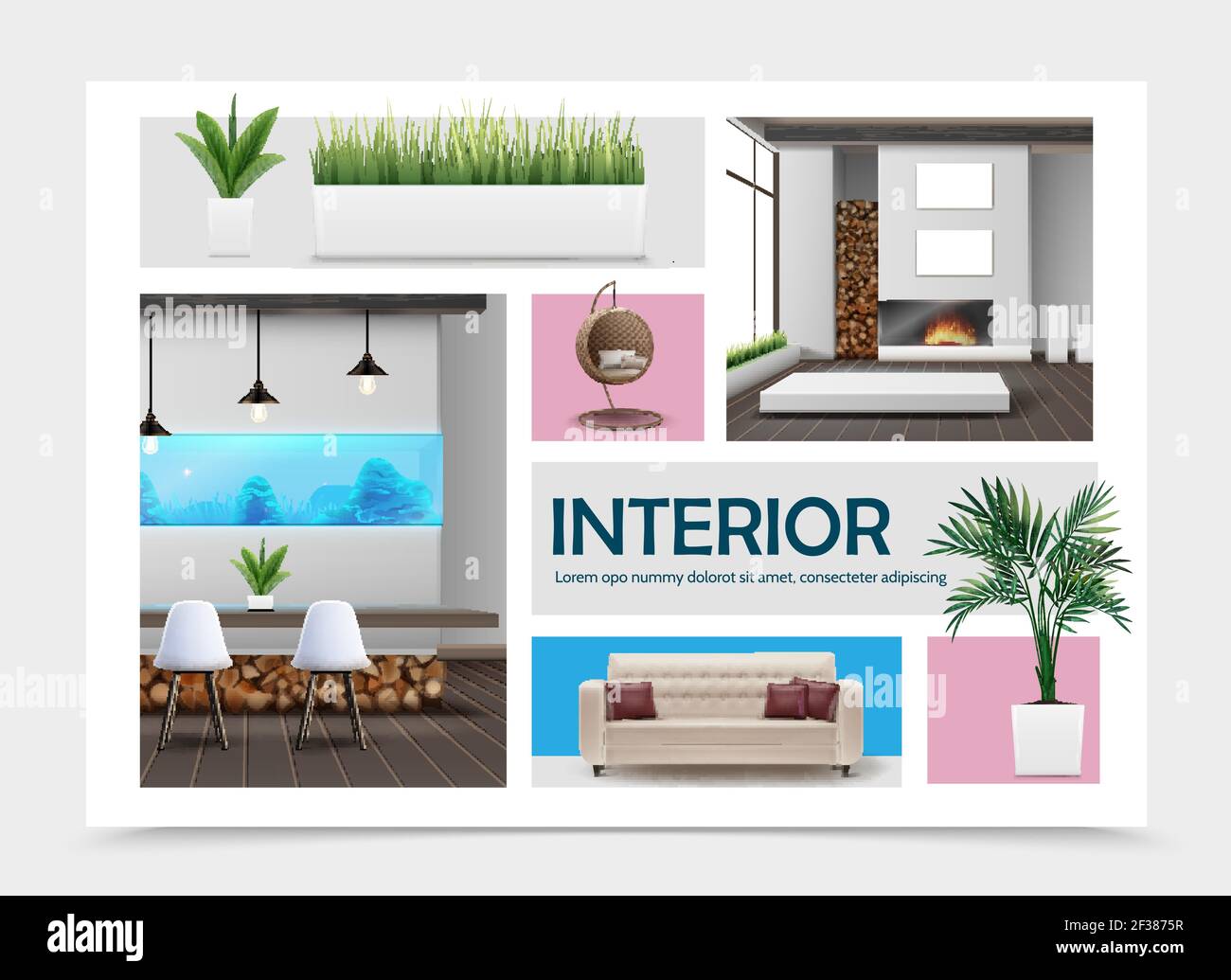 Realistic home interior elements collection with sofa pillows table ...