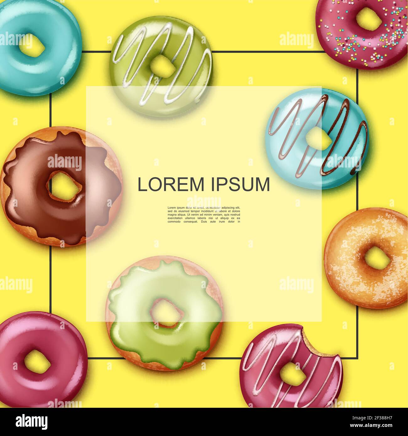 Realistic desserts premium template with frame for text colorful donuts ...