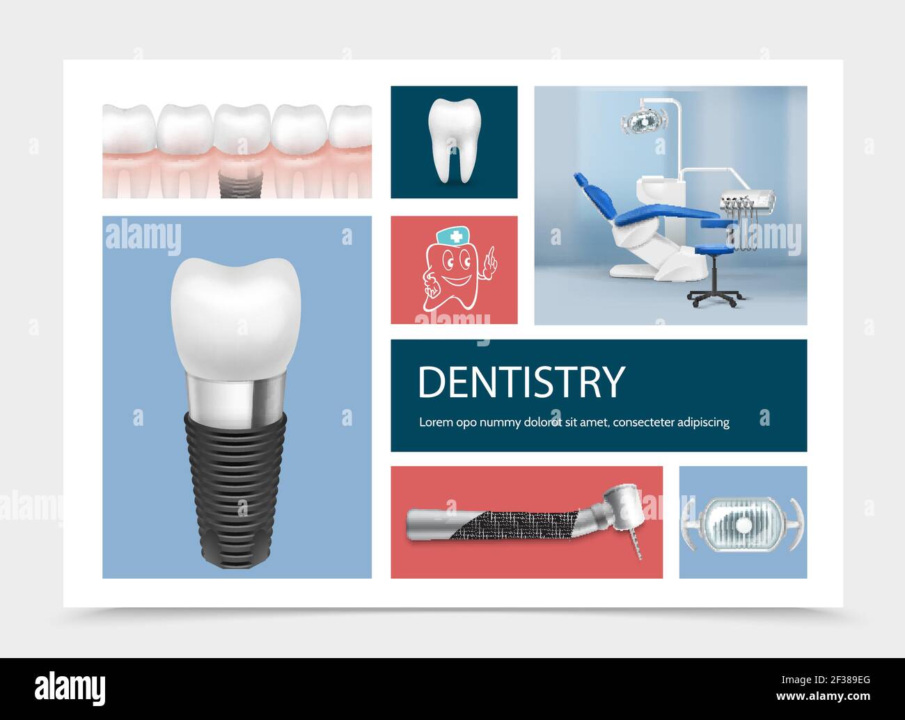 Realistic dentistry elements composition with dental implants tooth machine lamp dentist workplace isolated vector illustration Stock Vector