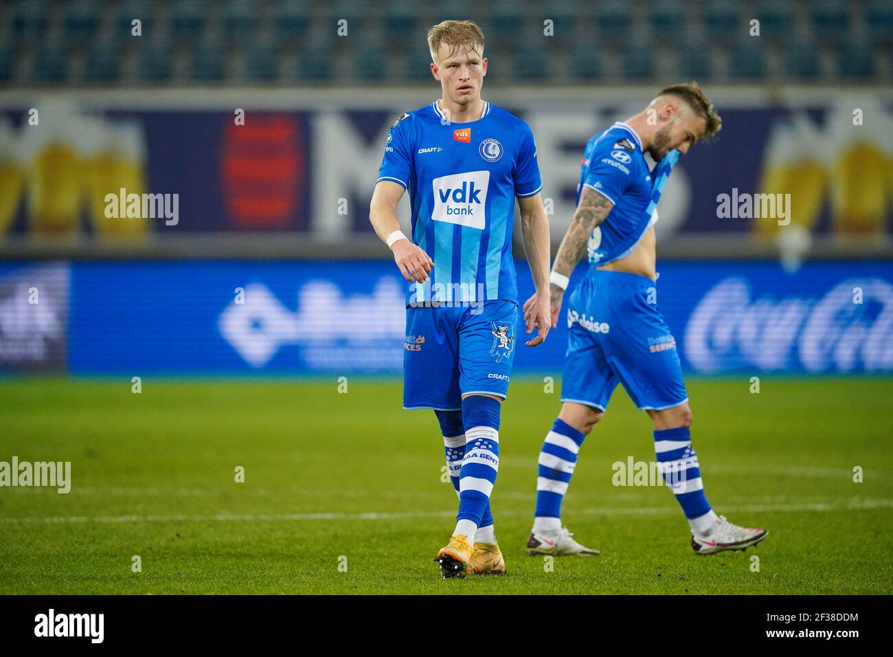 GENT, BELGIUM - MARCH 15: Andreas Hanche Olsen of KAA Gent disappointed during the Jupiler Pro League match between KAA Gent and Club Brugge KV at Ghe Stock Photo