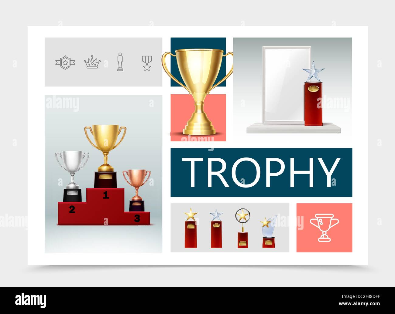 Realistic trophies composition with cups on pedestal prizes with shiny ...