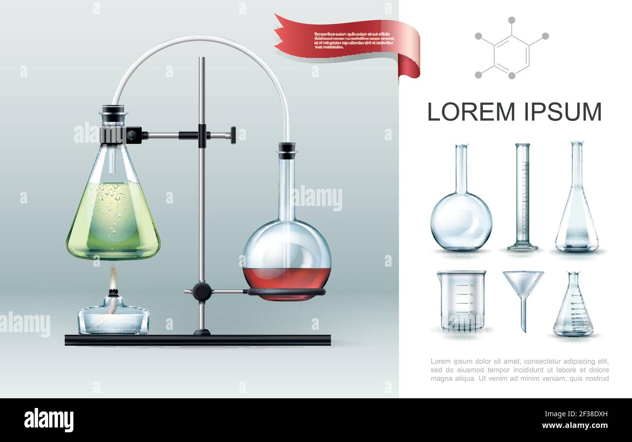 Realistic laboratory experiment elements concept with test tubes alcohol burner beaker funnel