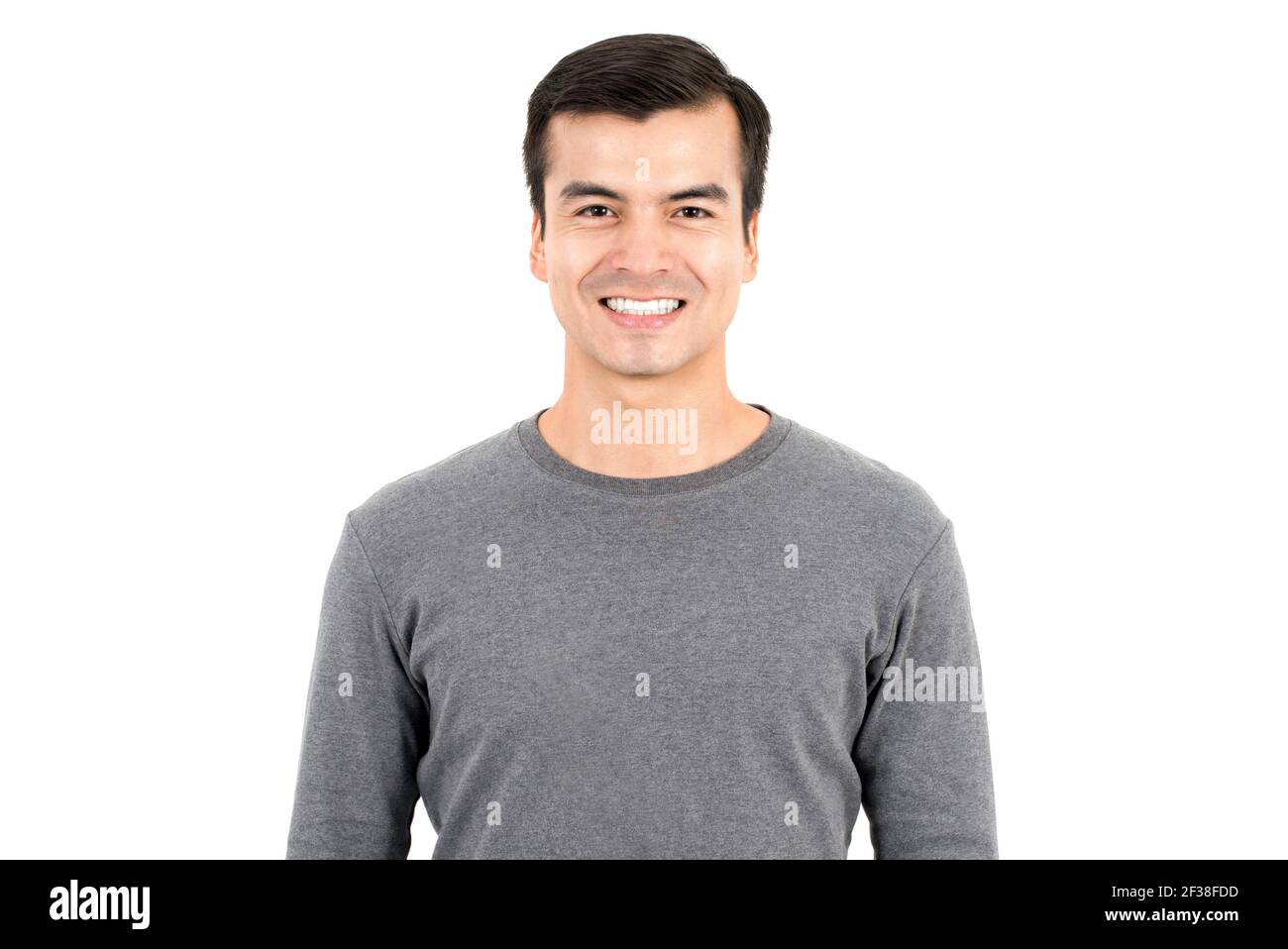 Portrait of happy smiling man wearing casual t-shirt, isolated on white background Stock Photo