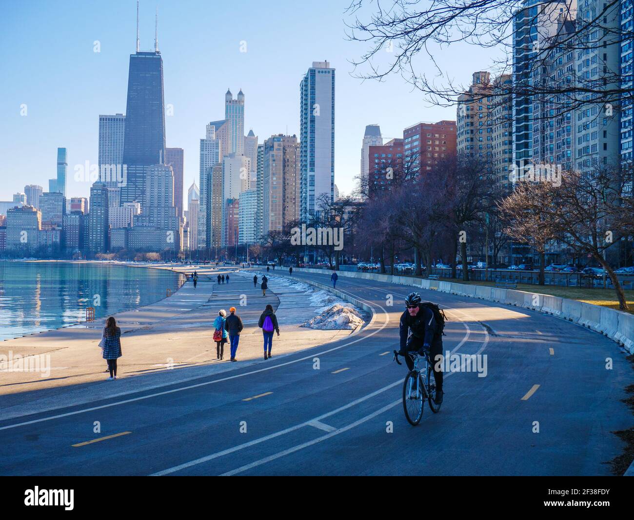 Chicago Lakefront Trail, skyline and Lake Michigan. Stock Photo